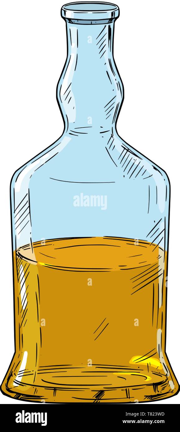 Vector cartoon illustrazione o disegno di pieno a metà disco liquore o whiskey bottiglia. Illustrazione Vettoriale