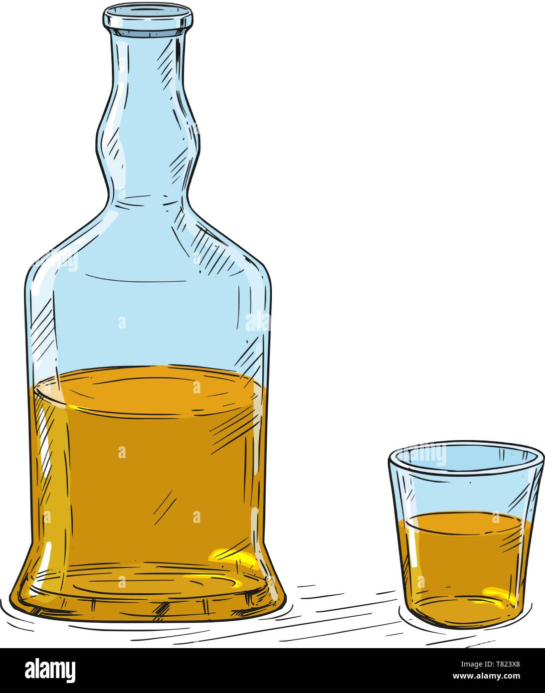 Vector cartoon illustrazione o disegno di pieno a metà disco liquore o whiskey bottiglia e colpo di vetro. Illustrazione Vettoriale