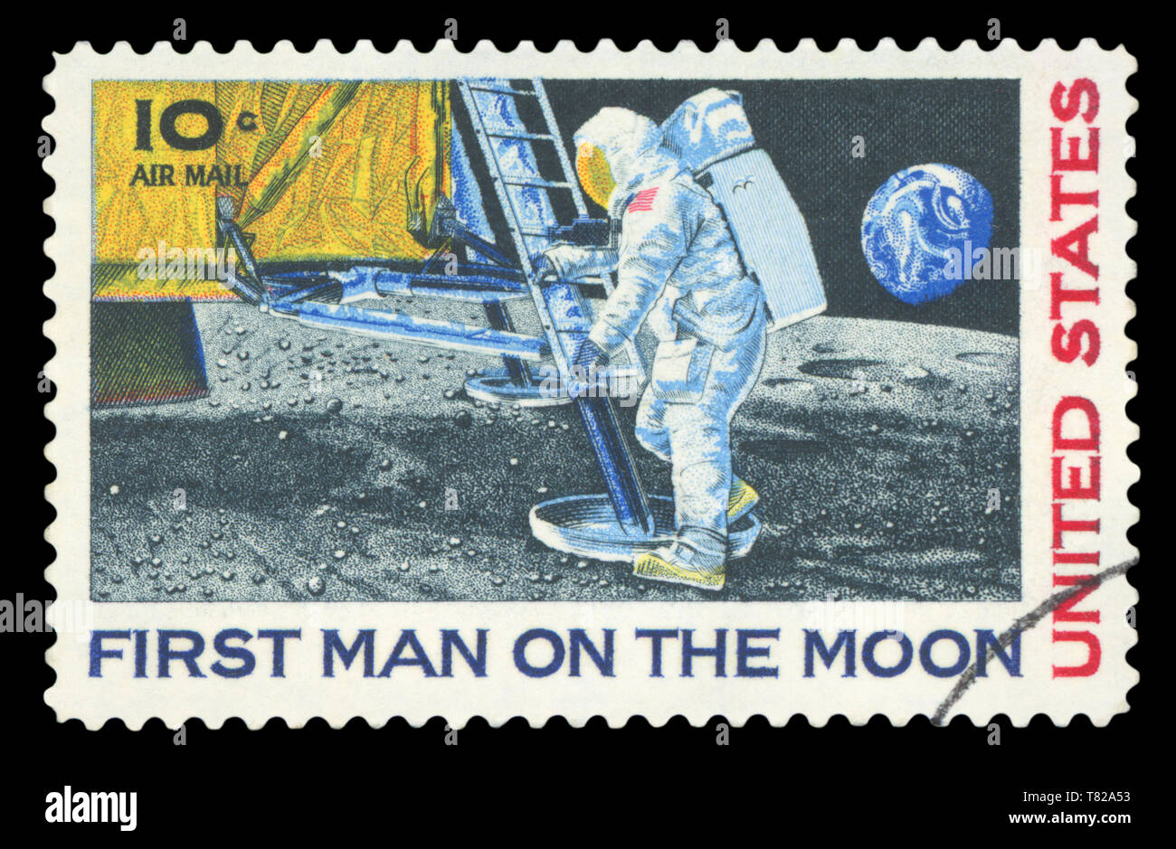 Stati Uniti - circa 1969: un timbro stampato negli Stati Uniti mostra Neil Armstrong, il primo passo sulla luna, circa 1969. Foto Stock