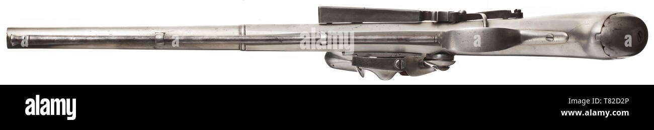 Un tedesco-olandese tutto in metallo flintlock pistola, circa 1660. A due stadi, canna ottagonale round poi dopo un corpino, con alesaggio liscio in 13 mm di calibro. Serratura esterna, la molla principale sulla piastra laterale (con una vecchia riparazione), dado e caricato a molla della barra di trigger. La presa ha forgiato e appiattita sul lato avvitato il tappo presa con un bordo di taglio. Bacchetta di caricamento di ferro. Lunghezza 46 cm. storico, storico, civile pistola, civile pistole, palmare, Gun, pistole, armi da fuoco, braccio di fuoco, armi da fuoco, armi da fuoco, armi, armi, arma, il braccio del XVII secolo, Additional-Rights-Clearance-Info-Not-Available Foto Stock Un tedesco-olandese tutto in metallo flintlock pistola, circa 1660. A due stadi, canna ottagonale round poi dopo un corpino, con alesaggio liscio in 13 mm di calibro. Serratura esterna, la molla principale sulla piastra laterale (con una vecchia riparazione), dado e caricato a molla della barra di trigger. La presa ha forgiato e appiattita sul lato avvitato il tappo presa con un bordo di taglio. Bacchetta di caricamento di ferro. Lunghezza 46 cm. storico, storico, civile pistola, civile pistole, palmare, Gun, pistole, armi da fuoco, braccio di fuoco, armi da fuoco, armi da fuoco, armi, armi, arma, il braccio del XVII secolo, Additional-Rights-Clearance-Info-Not-Available Foto Stock