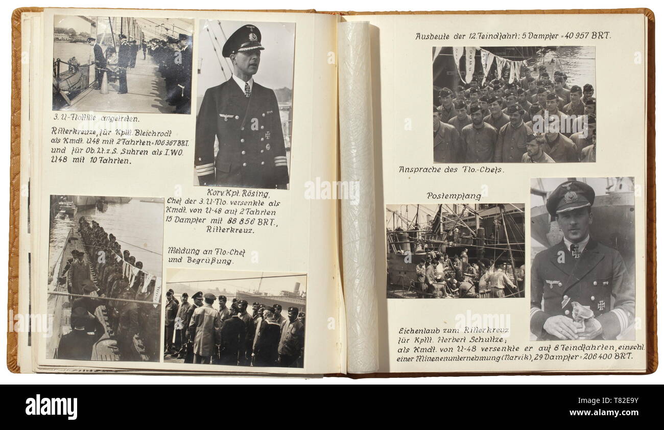 Un album di foto di Sottufficiali di 2a classe di Alex Hübner, membro dell'equipaggio di U-48, U-167, U-775 splendidamente legendées album con circa 174 eccellente foto dal suo tempo di servizio dal 6 aprile 1940 al 8 maggio 1945. Molto bene le immagini delle caratteristiche tecniche dei sottomarini, con vittoria fiamme, torre malings e sovrastruttura. Foto dei comandanti con il cavaliere del Cross della Croce di Ferro come tenente Schultze e tenente comandante Rösing, trasferimento a siluro e affondamento di navi con siluri e della nave di pistola, ritratti, sottomarino penna. Sommergibile sailor A. Hübner , Editorial-Use-solo Foto Stock