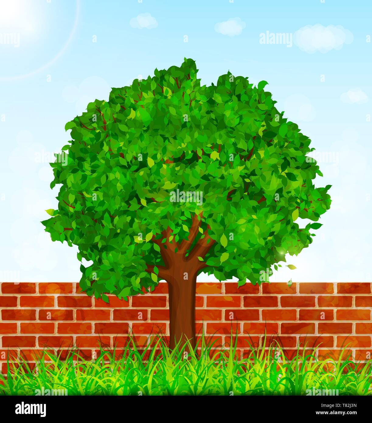 Giardino con sfondo verde albero, erba e un muro di mattoni vettore Illustrazione Vettoriale