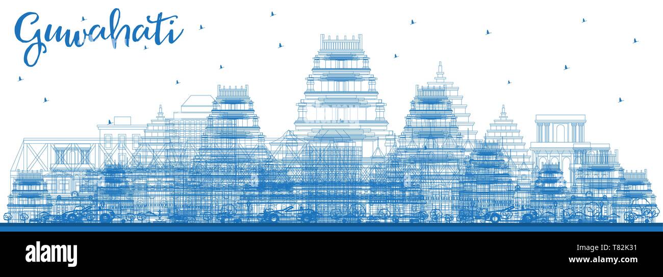 Delineare Guwahati India skyline della città con edifici di colore blu. Illustrazione Vettoriale. Viaggi di affari e di turismo con il concetto di architettura storica. Guwahati Illustrazione Vettoriale