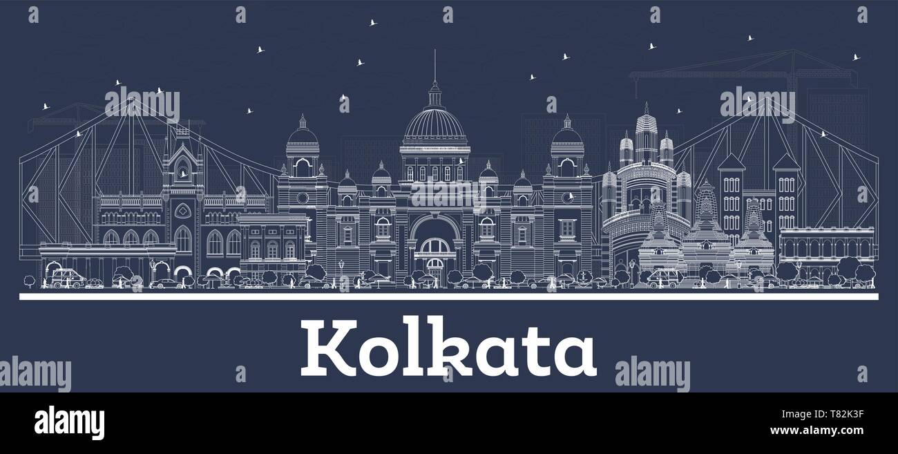 Delineare Kolkata India skyline della città con edifici bianchi. Illustrazione Vettoriale. Viaggi di lavoro e di concetto con architettura storica. Kolkata. Illustrazione Vettoriale