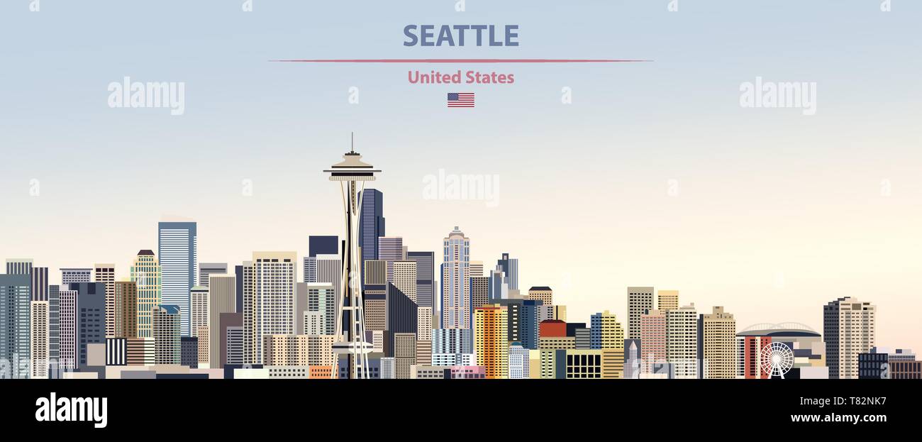 Seattle skyline della città sul bellissimo sfondo diurno illustrazione vettoriale Illustrazione Vettoriale