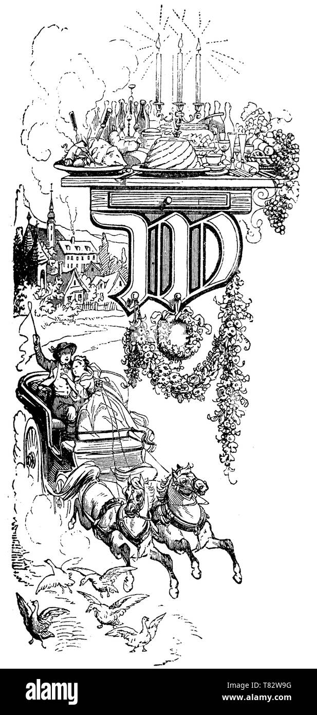 Lettera maiuscola W come capitolo iniziale decorata con una slitta scena invernale e un banchetto natalizio Foto Stock