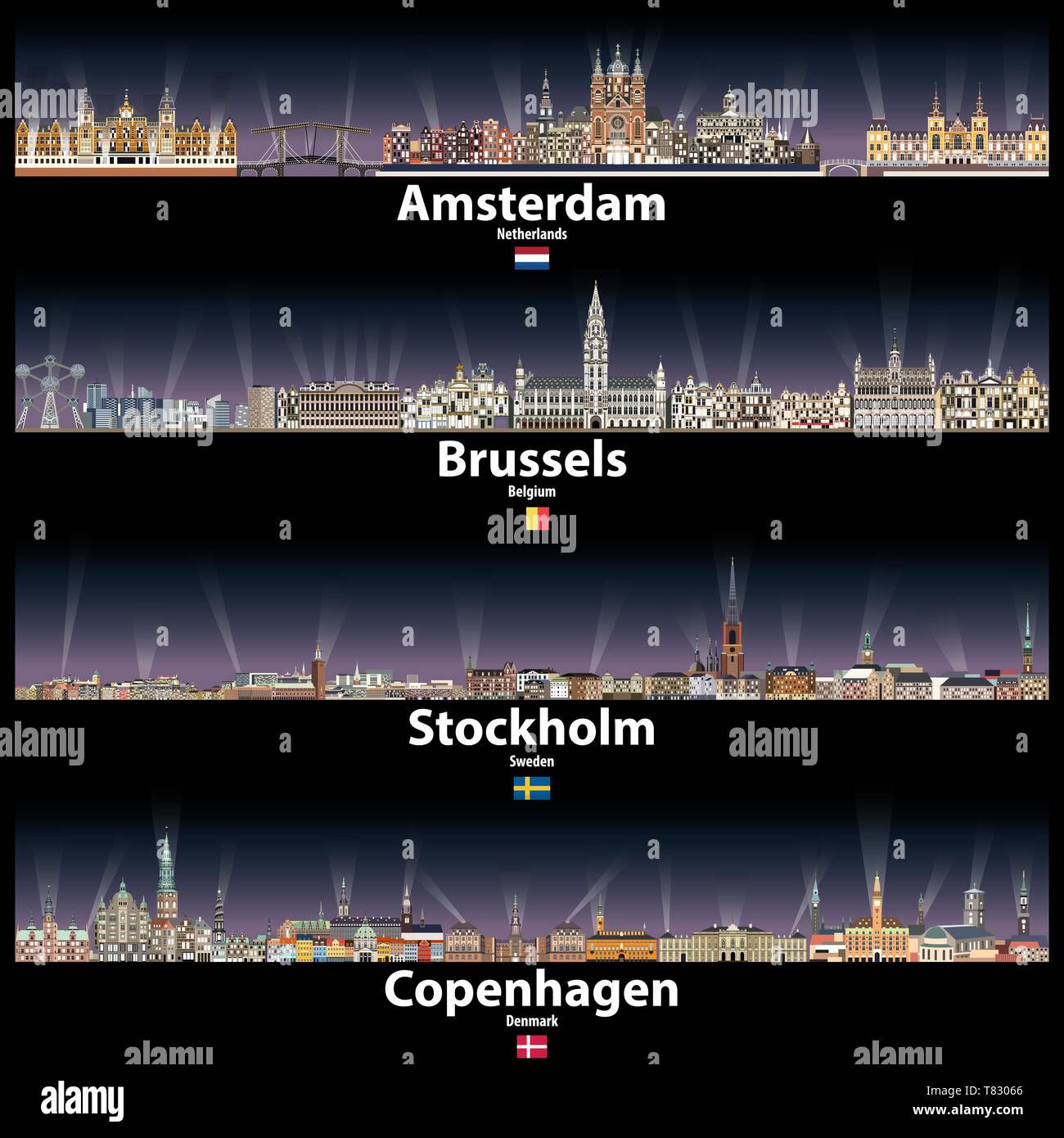 Città del vettore dall'alto di Amsterdam, Bruxelles, a Stoccolma e a Copenaghen di notte Illustrazione Vettoriale