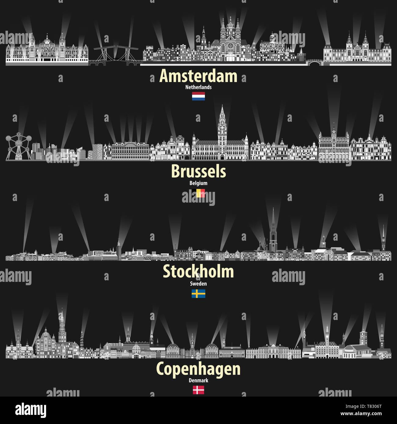 Città del vettore dall'alto di Amsterdam, Bruxelles, Stoccolma e Copenaghen Illustrazione Vettoriale