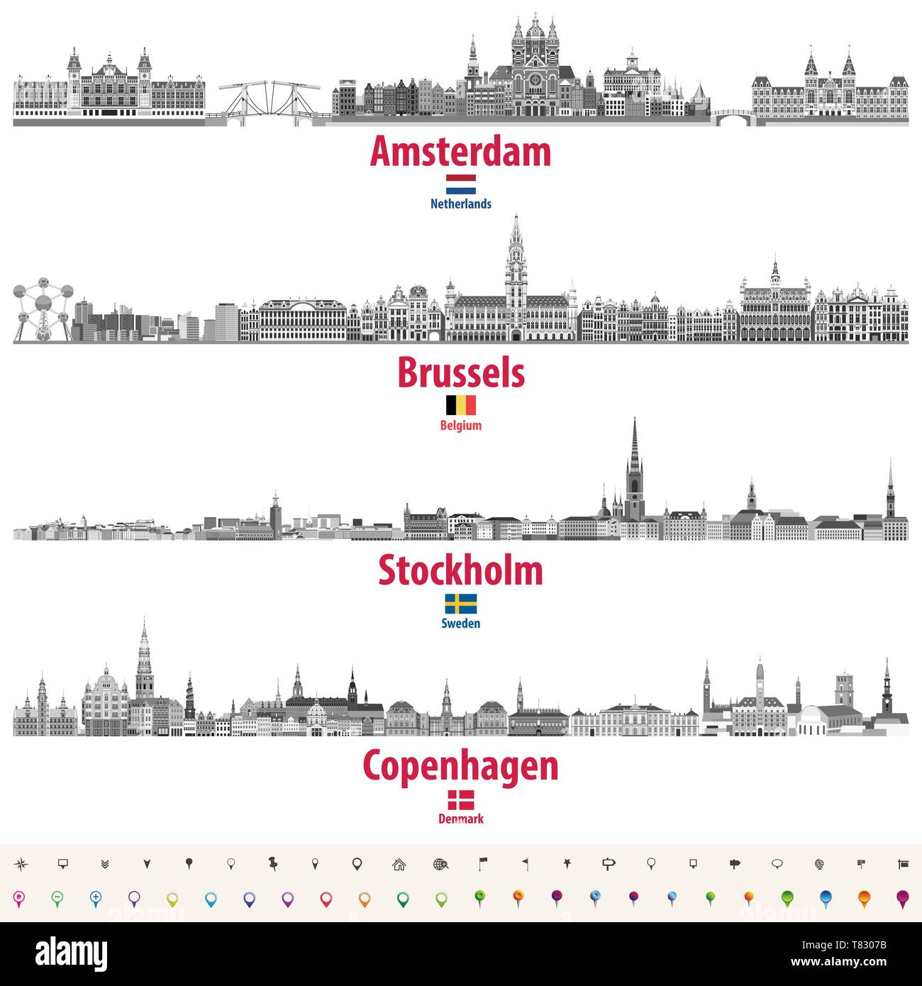 Città del vettore dall'alto di Amsterdam, Bruxelles, Stoccolma e Copenaghen Illustrazione Vettoriale