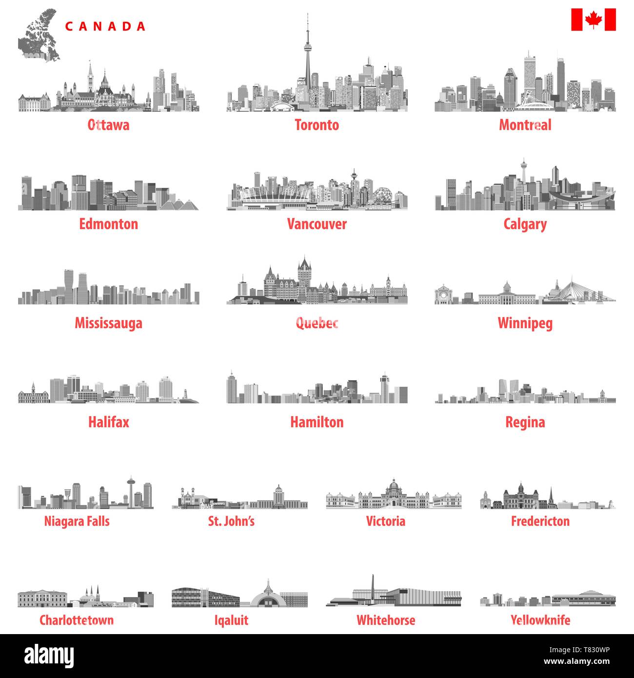 Canadese di vettore più grandi città e tutti gli stati di capitali dall'alto Illustrazione Vettoriale