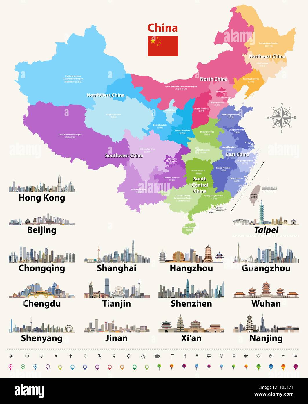 Cina mappa con il Cinese più grande dello skyline della citta'. Illustrazione Vettoriale Illustrazione Vettoriale