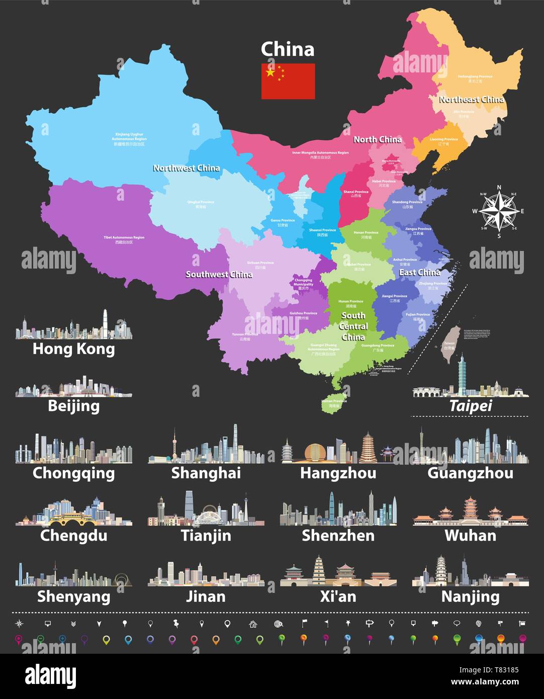 Cina mappa con il Cinese più grande dello skyline della citta'. Illustrazione Vettoriale Illustrazione Vettoriale