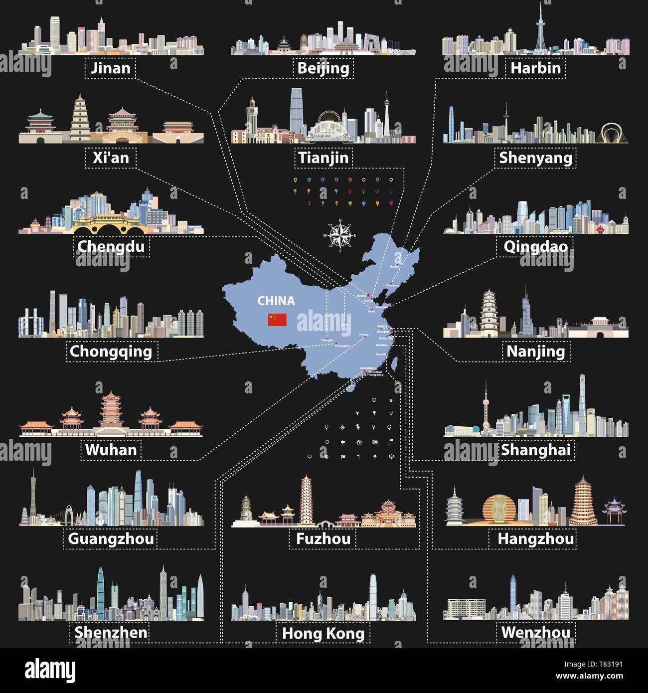 Cina mappa con il Cinese più grande dello skyline della citta'. Illustrazione Vettoriale Illustrazione Vettoriale