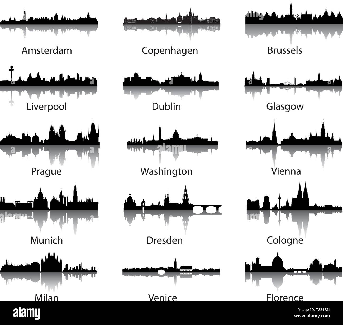 Vedute dello skyline della citta' con acqua riflette Illustrazione Vettoriale