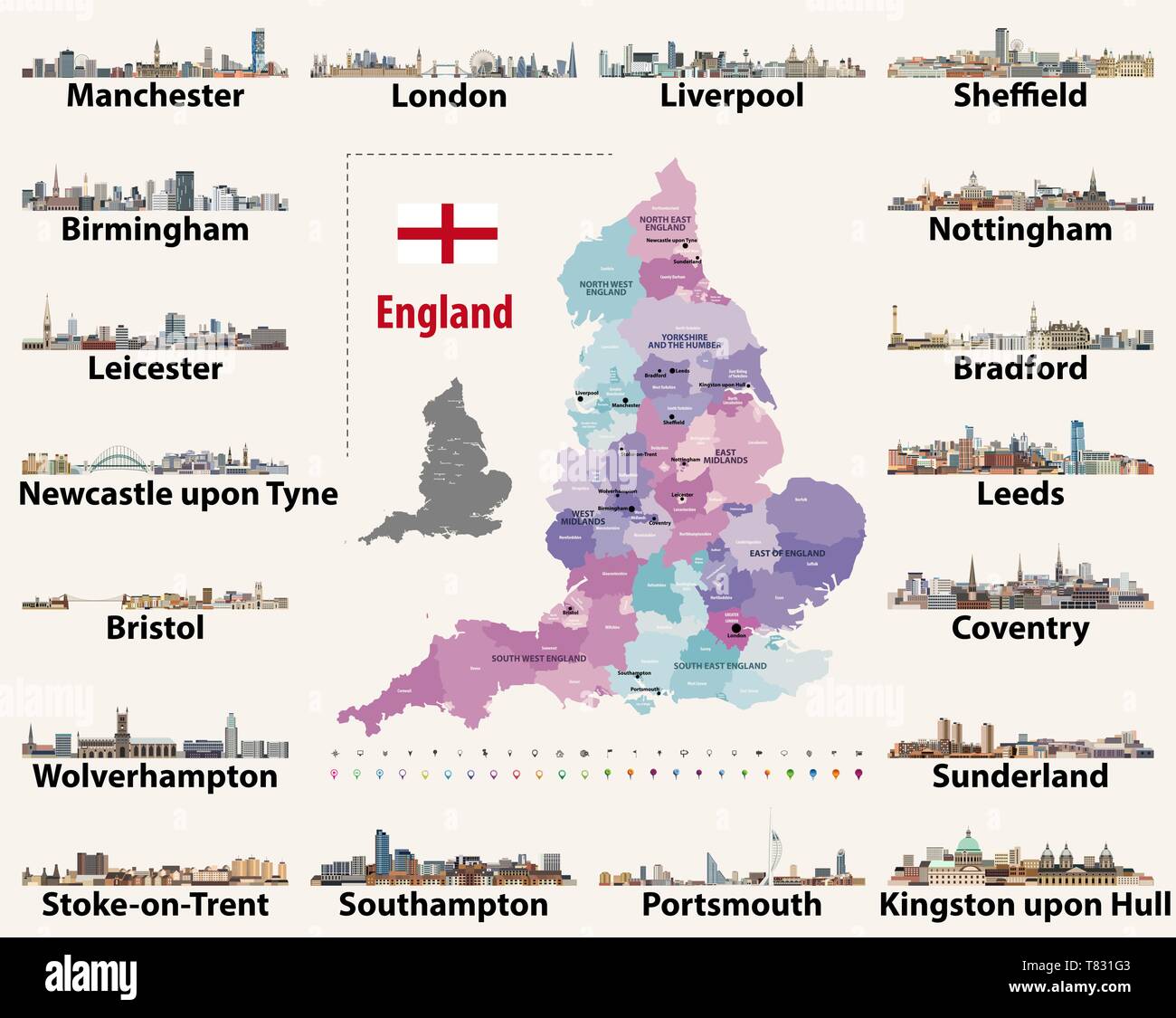 Set di vettore di Inghilterra più grandi città dall'alto. Mappa e bandiera di Inghilterra Illustrazione Vettoriale