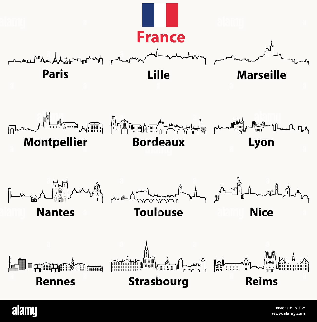 Vettore icone di contorno della Francia città dall'alto Illustrazione Vettoriale