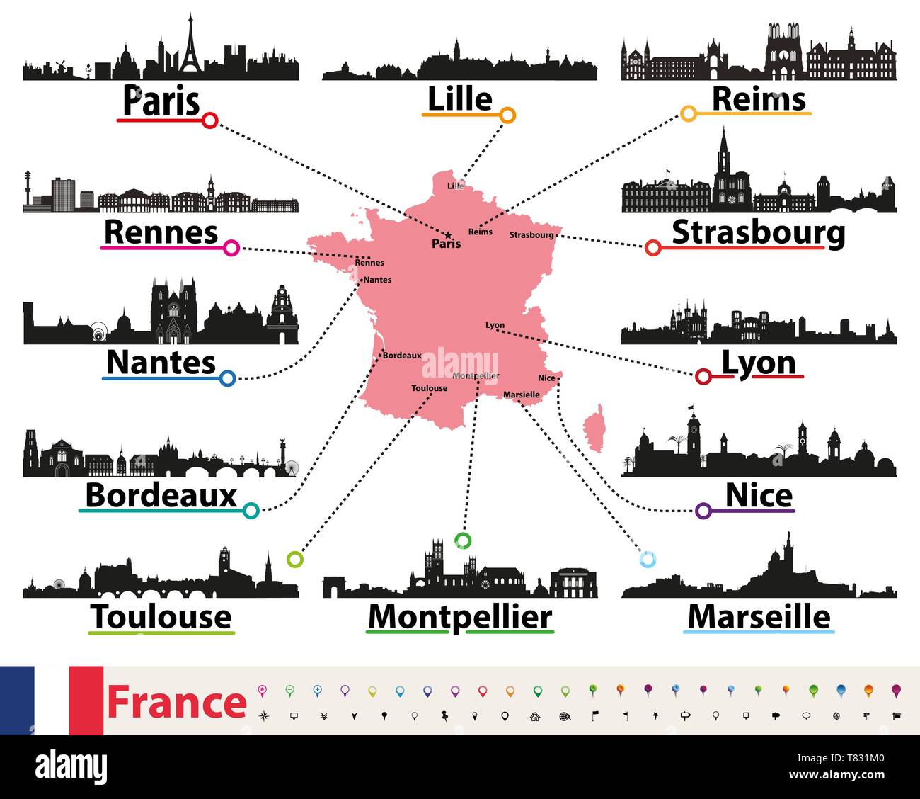Mappa Francia con grande città dall'alto silhouettes set di vettore Illustrazione Vettoriale