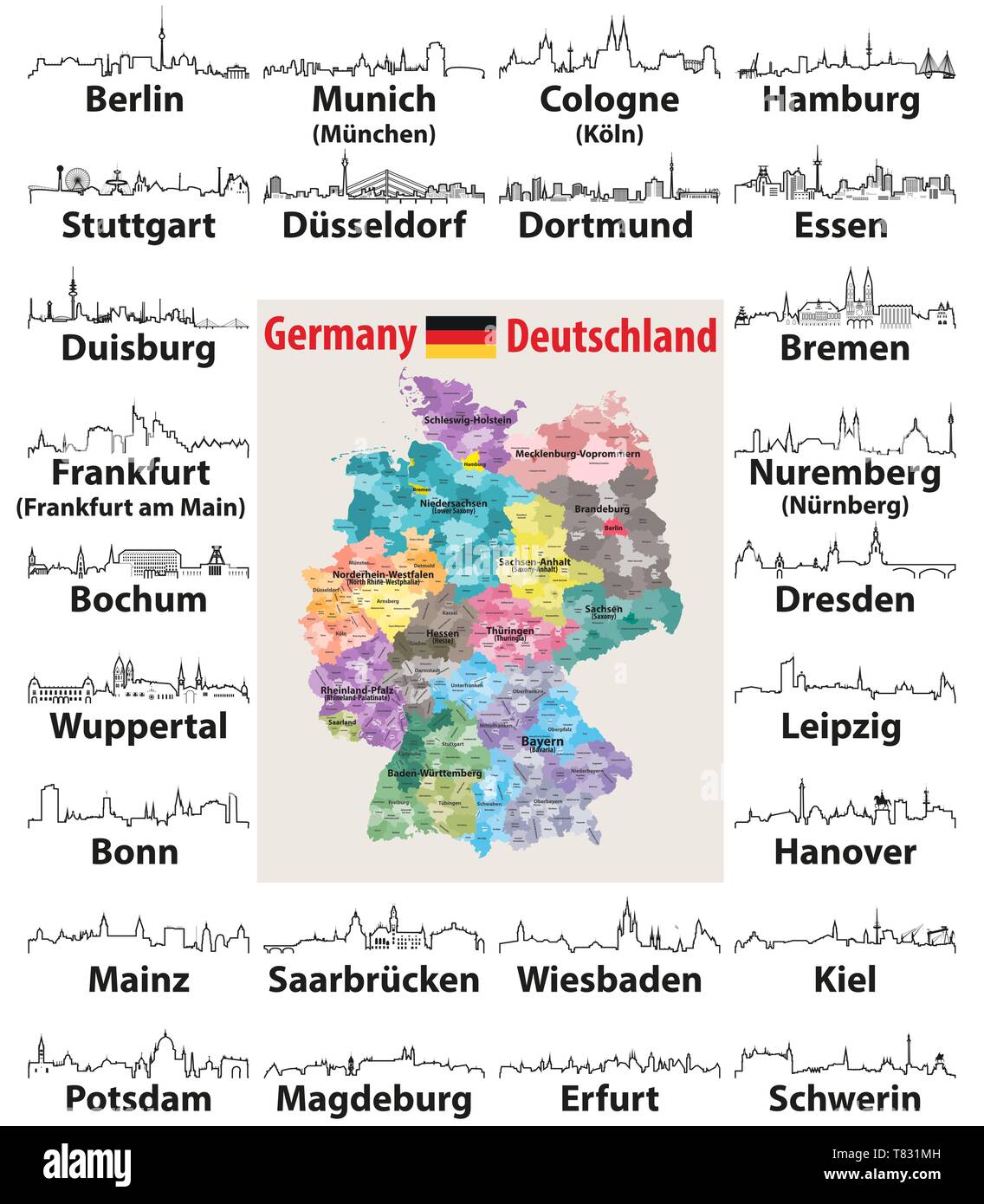 Illustrazione vettoriale di Germania alta mappa dettagliata con città più grandi icone dall'alto Illustrazione Vettoriale