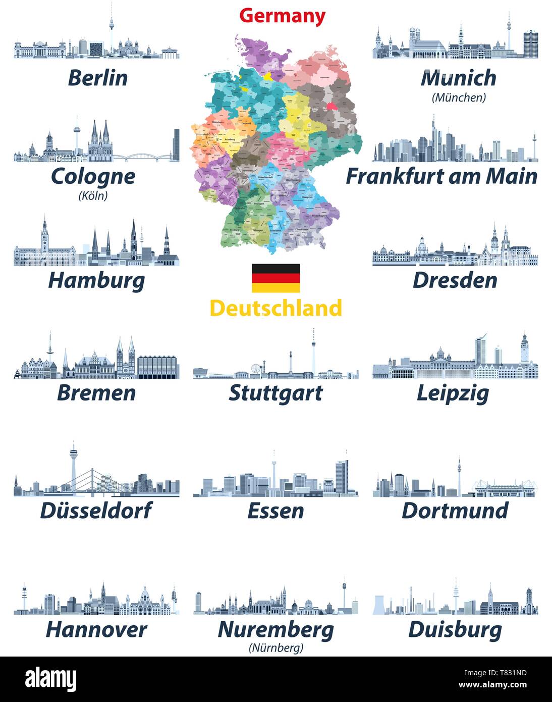 Illustrazione vettoriale di Germania alta mappa dettagliata con città più grandi icone dall'alto Illustrazione Vettoriale