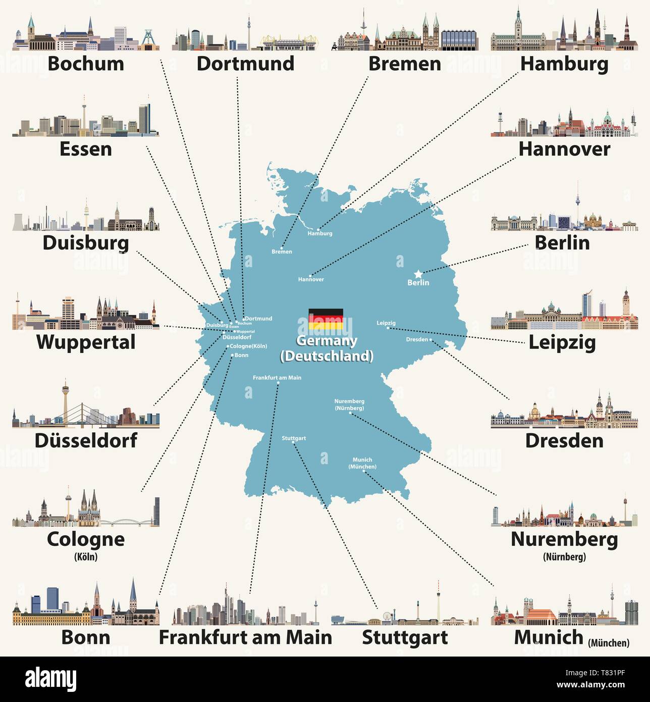 Illustrazione vettoriale di Germania alta mappa dettagliata con città più grandi icone dall'alto