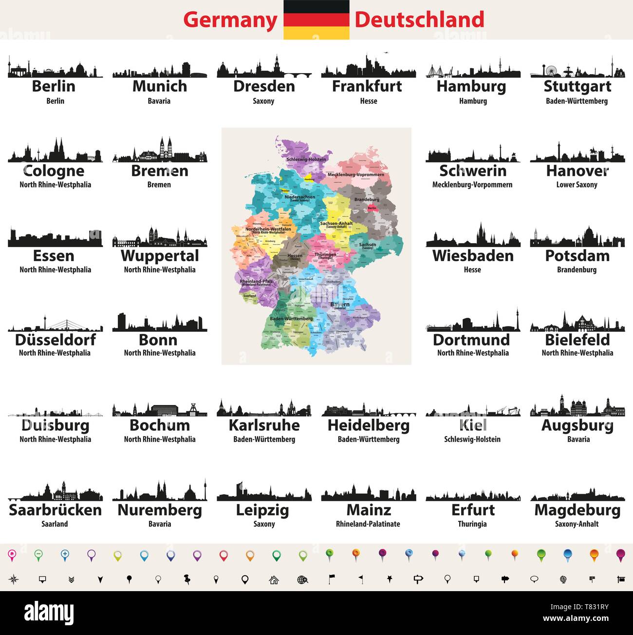 Germania mappa con più grandi città dall'alto silhouettes set di vettore Illustrazione Vettoriale