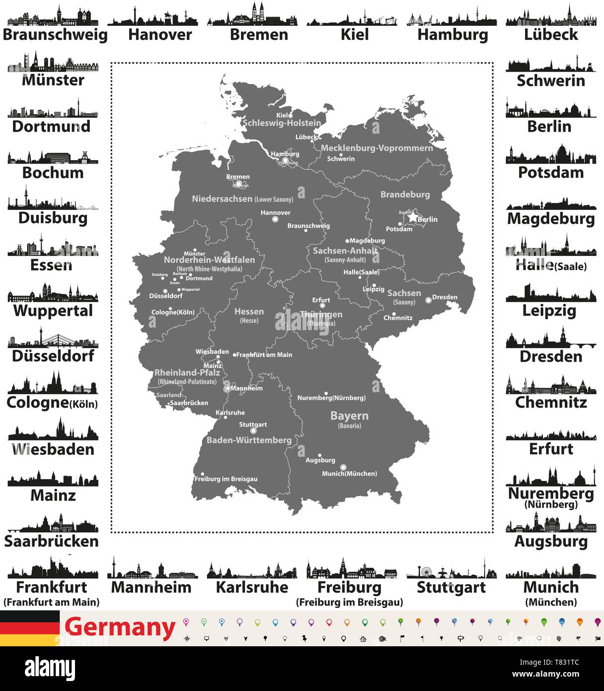Germania mappa con più grandi città dall'alto silhouettes set di vettore Illustrazione Vettoriale