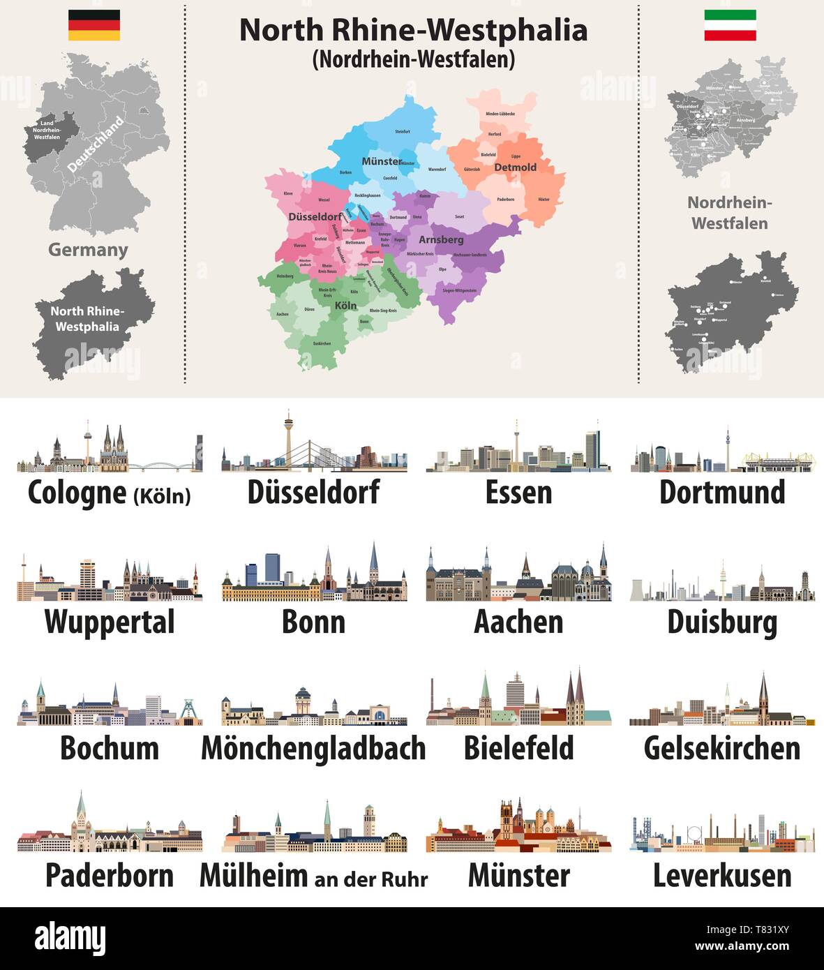 Germania Membro della Renania settentrionale-Vestfalia alta dettagliata mappa vettoriale con grande città dall'alto sagome Illustrazione Vettoriale