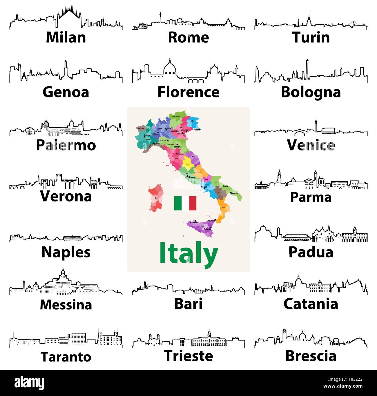 Vettore icone di contorno delle città italiane dall'alto Illustrazione Vettoriale