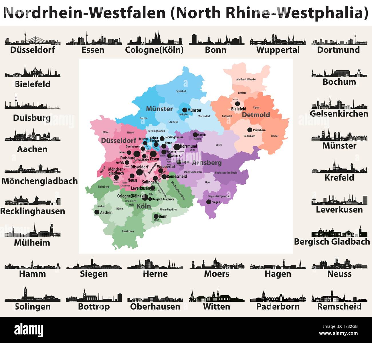 Germania Membro della Renania settentrionale-Vestfalia mappa vettoriale con grande città dall'alto Illustrazione Vettoriale