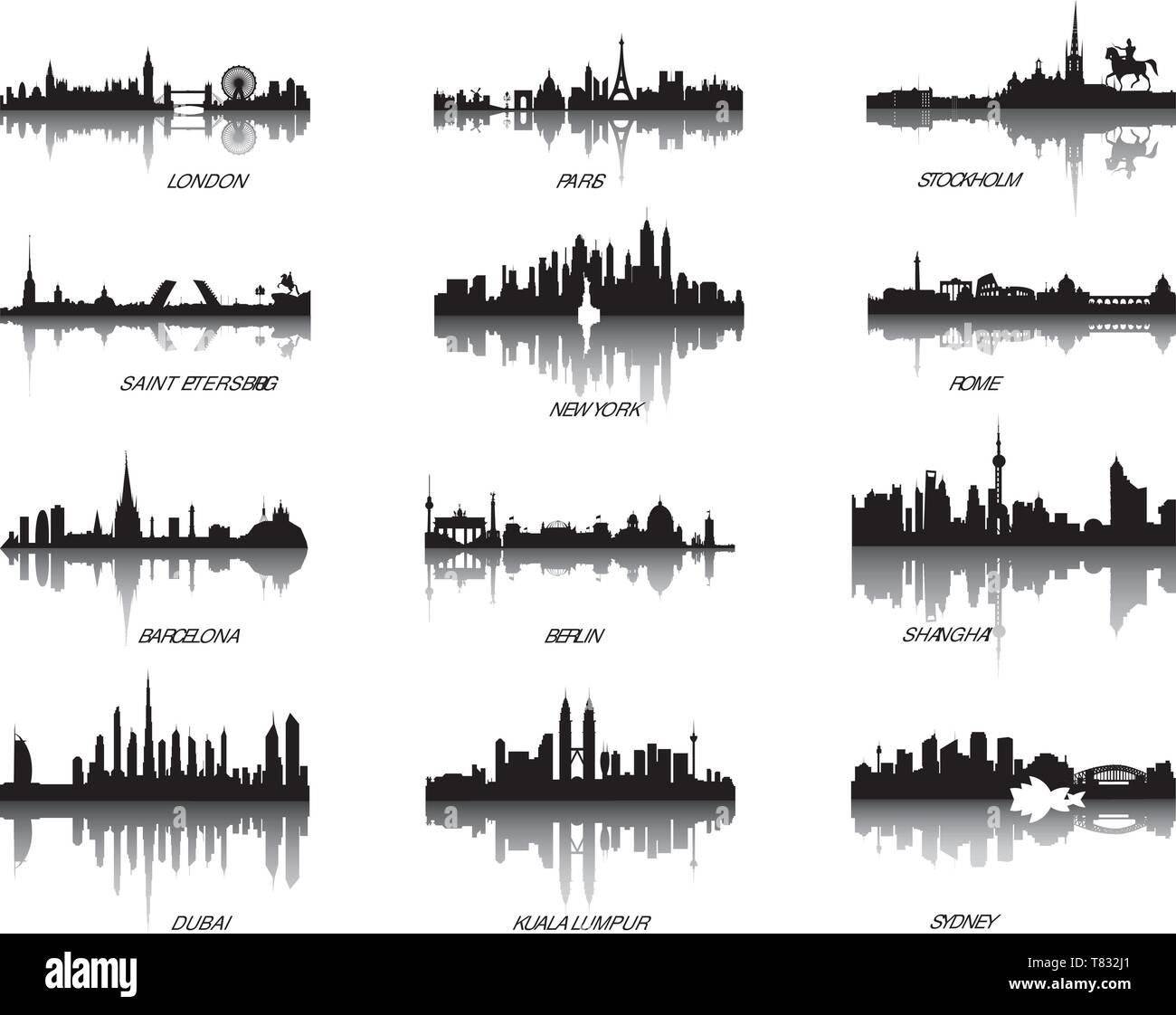 Vettore Collezione europea di vedute dello skyline della citta' con acqua riflessioni Illustrazione Vettoriale