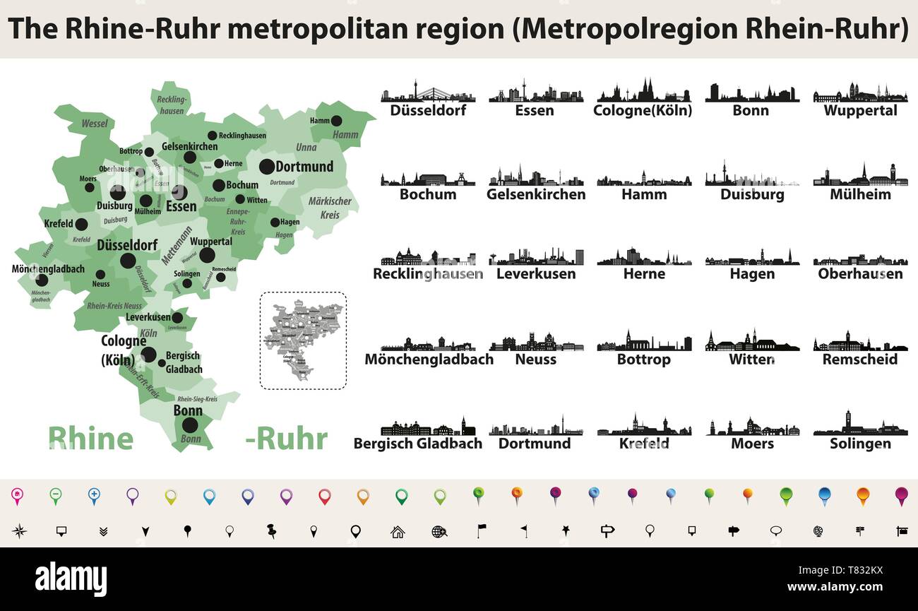 Rhine-Ruhr area metropolitam mappa vettoriale con grande città dall'alto Illustrazione Vettoriale