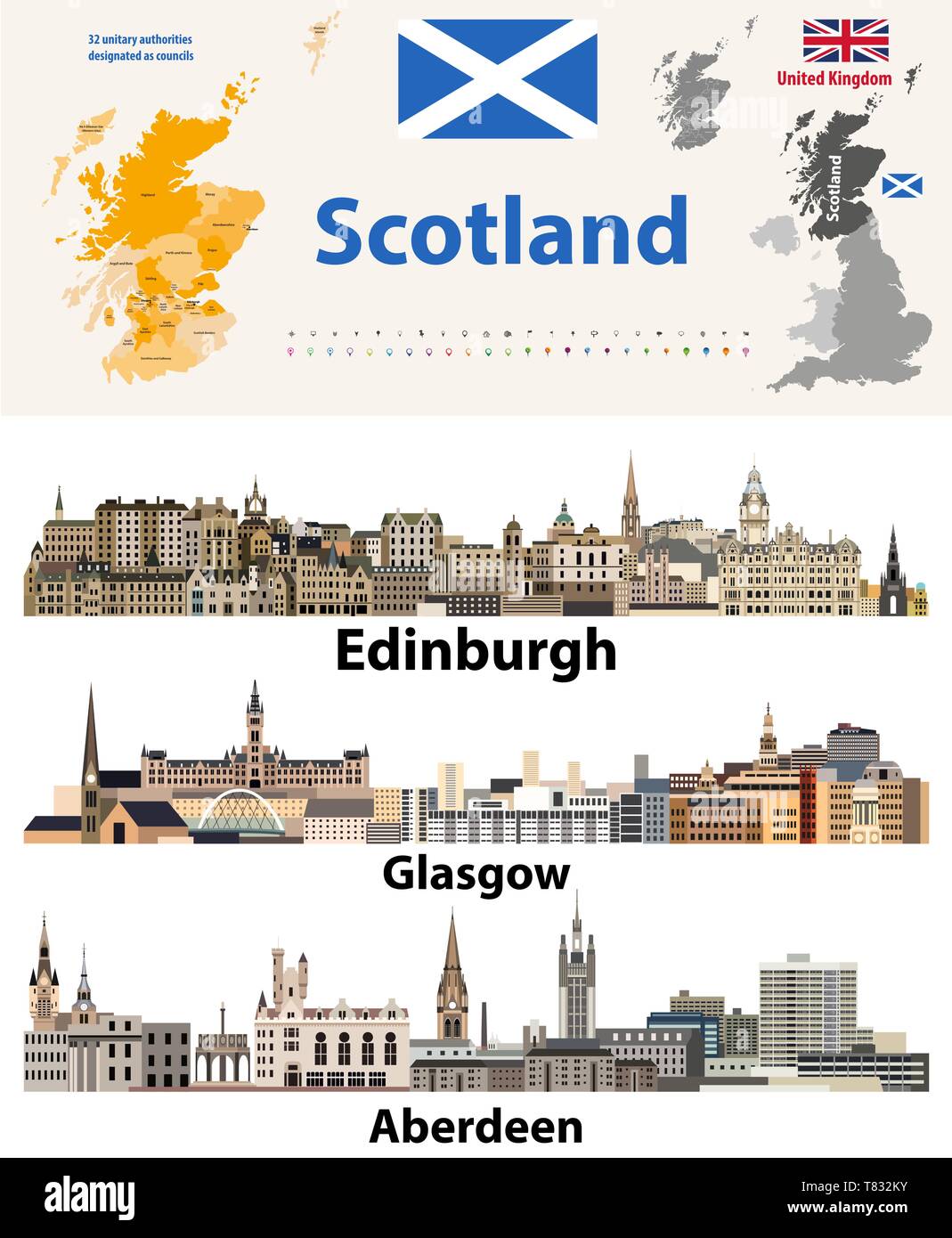 Scozia suddivisioni (autorità unitaria) mappa e Scottish grande città dall'alto Illustrazione Vettoriale