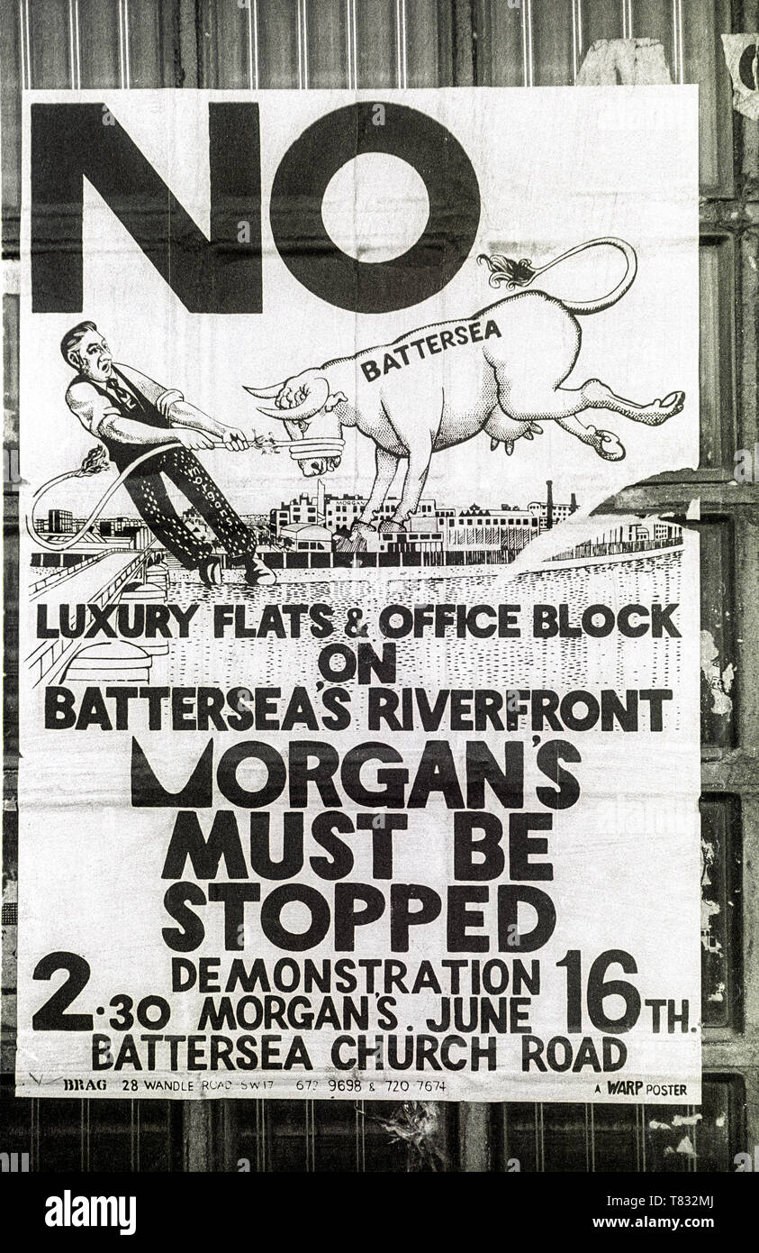 1977 bianco & nero fotografia di vantarti Poster contro lo sviluppo di Morgan Crucible sito a Battersea. Vedere i dettagli nella descrizione. Foto Stock