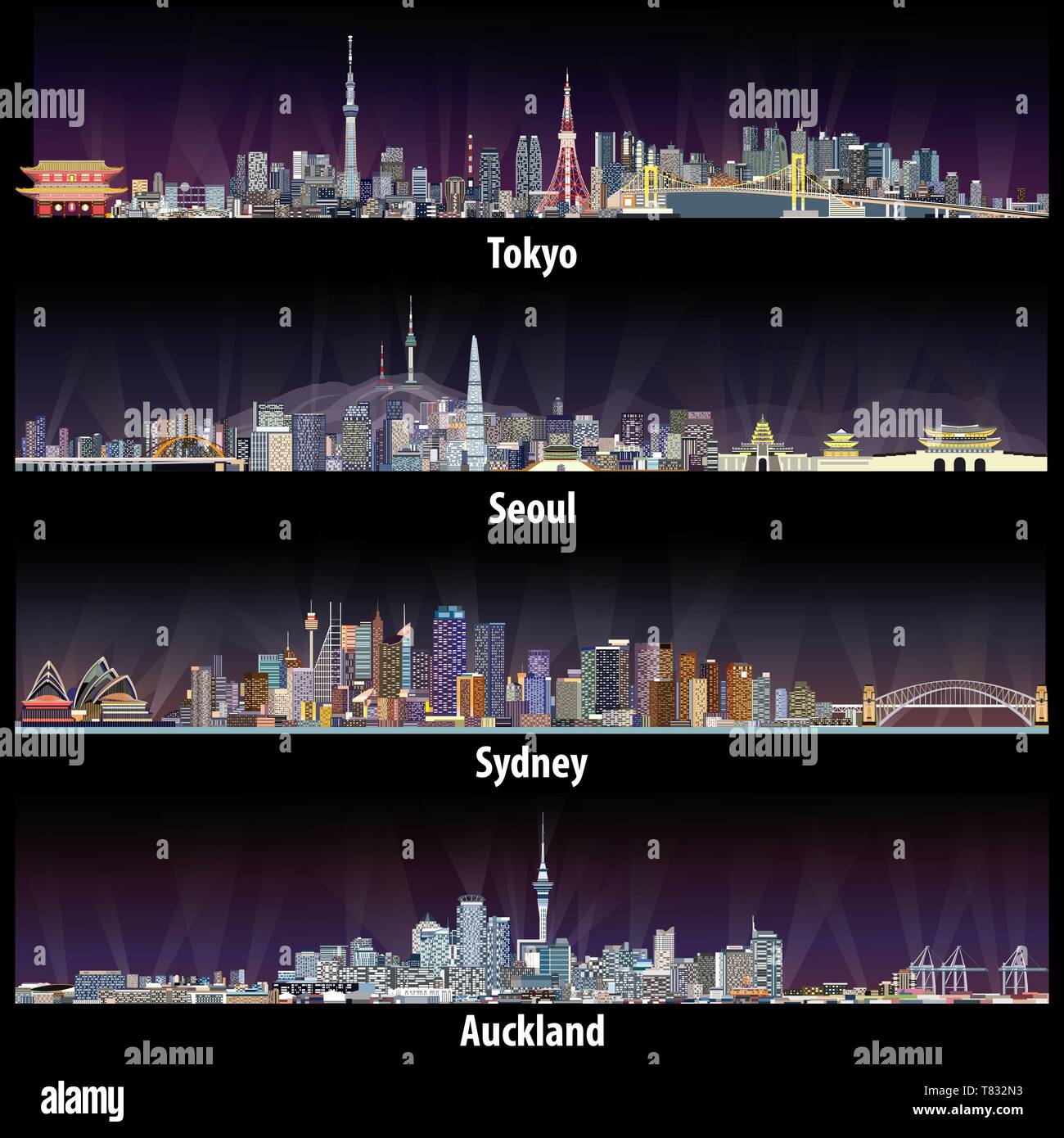 Illustrazioni vettoriali di Tokyo, Seoul Sydney e Auckland dall'alto Illustrazione Vettoriale