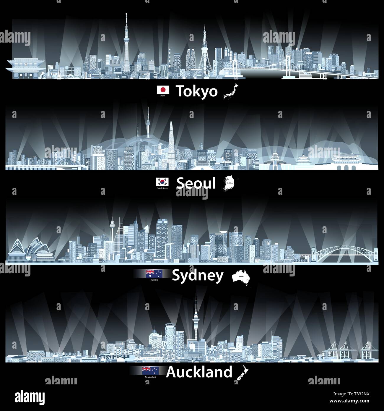 Illustrazioni vettoriali di Tokyo, Seoul Sydney e Auckland dall'alto Illustrazione Vettoriale