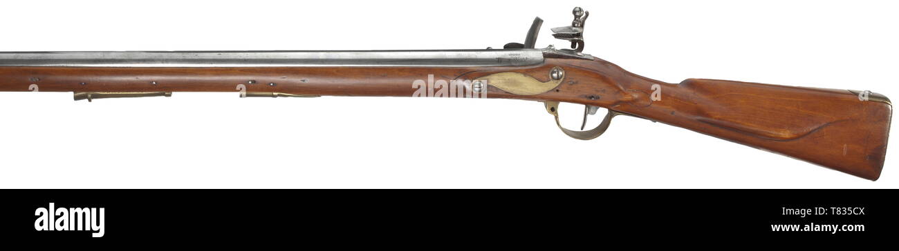 Una pistola di fanteria M 1801, un cosiddetto 'Nothardt-Gewehr' alesaggio liscio canna in 16 mm di calibro, sulla sommità di un ottone vista anteriore, ferro vista posteriore sul codolo. Flintlock con avvitato, ferro protezione flash, inscritto sul freno "Potsdam'. Frizzen raddoppiato. Il calcio in noce con mobili in ottone. La bacchetta di caricamento è mancante, con esso un leggermente corroso a baionetta femmina. Le parti in ferro pulito, lo stock e il mobilio e rettificate. Lunghezza 144 cm. Anche se fosse stata riconosciuta in Prussia che la pistola di fanteria M 1782 era ormai obsoleto e non vi era necessità acuta per un succ, Additional-Rights-Clearance-Info-Not-Available Foto Stock