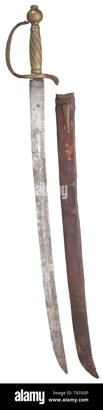 Un russo fanteria sabre per uomini arruolati fine del Settecento e gli inizi del XIX secolo. Fullered singola lama a bordo. Cypher 'P I' per Paolo ho inciso su entrambi i lati, monogramma "B" resp. data "17..". Fuso a snodo in ottone-bow elsa, barra di guardia leggermente piegate. Rivestito in pelle fodero (segni di età) con supporti in ottone. Snocciolate blade. Lunghezza 80 cm. Cfr. A. Kulinsky, 'Russische Blankwaffen', publ. Da. Atlant, 2005, p. 281. storica, storica del XIX secolo XVIII secolo, Additional-Rights-Clearance-Info-Not-Available Foto Stock