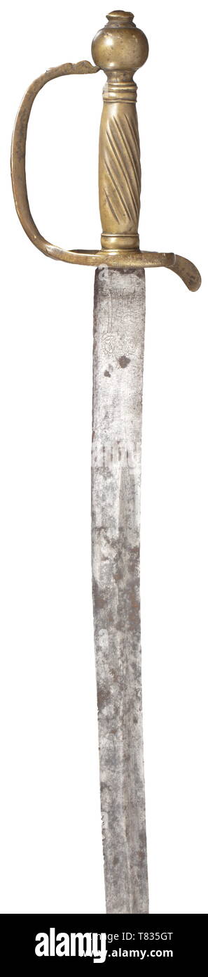 Un russo fanteria sabre per uomini arruolati fine del Settecento e gli inizi del XIX secolo. Fullered singola lama a bordo. Cypher 'P I' per Paolo ho inciso su entrambi i lati, monogramma "B" resp. data "17..". Fuso a snodo in ottone-bow elsa, barra di guardia leggermente piegate. Rivestito in pelle fodero (segni di età) con supporti in ottone. Snocciolate blade. Lunghezza 80 cm. Cfr. A. Kulinsky, 'Russische Blankwaffen', publ. Da. Atlant, 2005, p. 281. storica, storica del XIX secolo XVIII secolo, Additional-Rights-Clearance-Info-Not-Available Foto Stock