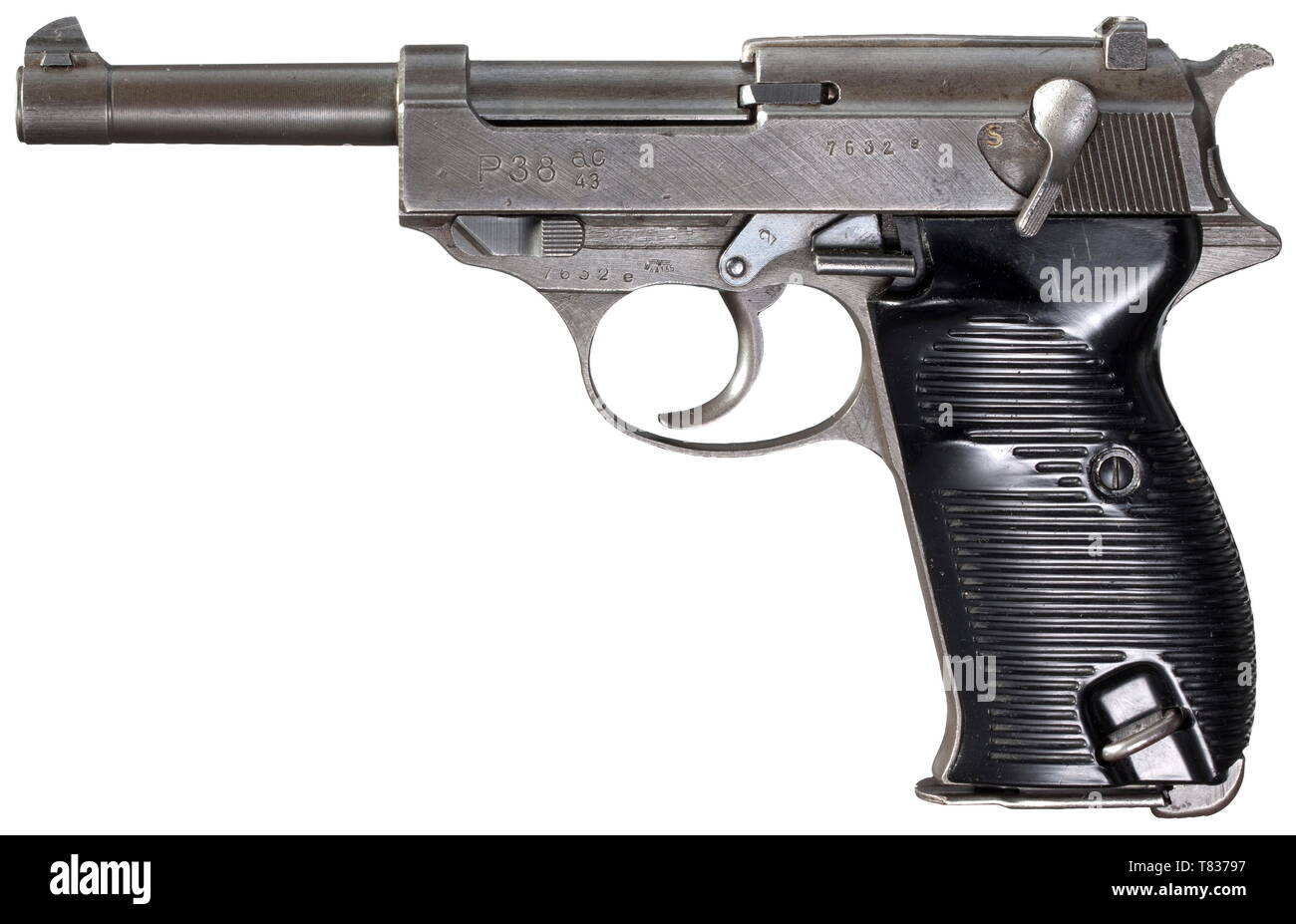 Mauser P 38 con FN slide 'ac 43', fosfatato Cal. 9 mm Parabellum, n. 7632e. I numeri corrispondenti. Simili a specchio alesaggio. Produzione circa nel marzo 1945. Accettazione segna eagle/DMG135 su parti principali. Far scorrere già pre-codificati 'ac 43' per Walther, sulla destra ulteriori asterisco mark. FN consegna occupato dal Belgio per mauser invece di Walther al fine di facilitare la loro scarsità di materiale degli ultimi mesi di guerra. Trigger e sicurezza con segni di accettazione eagle/359 come parti di alimentazione da Walther. Originale completo, grigio chiaro di fosfatazione inclusi canna, parziale, Additional-Rights-Clearance-Info-Not-Available Foto Stock