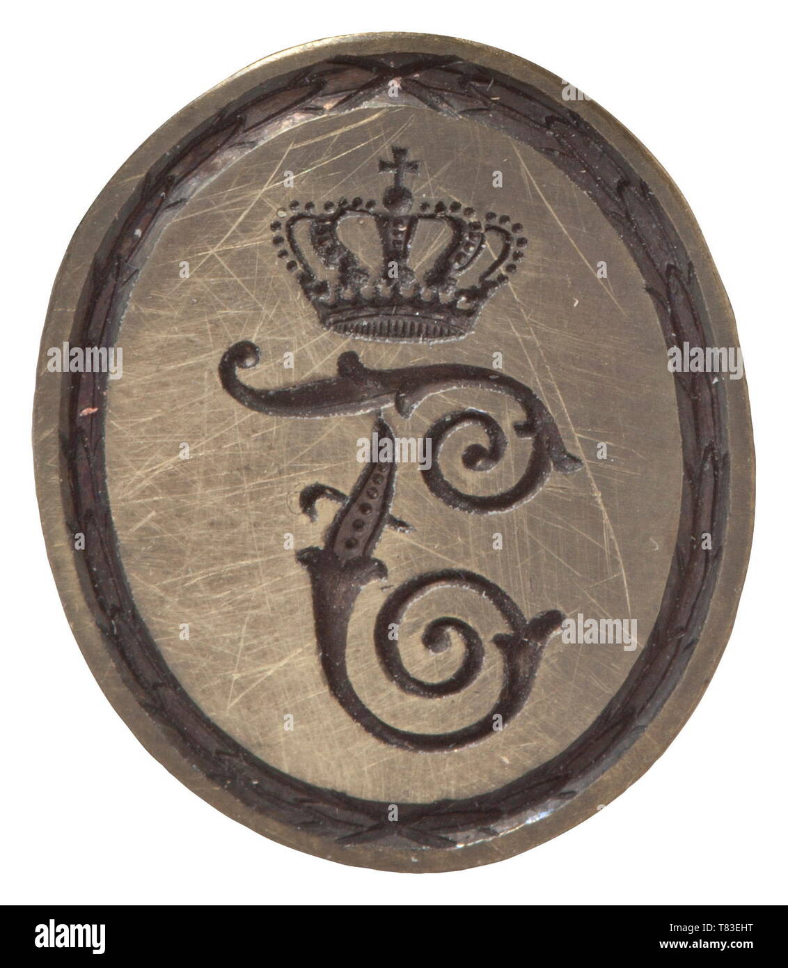 Il Granduca Friedrich I (1826 - 1907) - il suo personale sigillo, ritratti in miniatura etc. La guarnizione di tenuta sotto forma di una lettera di avorio assolcatore con testa di leone, la guarnizione di tenuta in ottone matrice incisa con il monogramma coronato 'F', lunghezza 25,5 cm. Con la conferma scritta e scheda di inventario del principe Alfons della Baviera, che lo hanno ricevuto in dono dal granduca. Anche un grande ritratto fotografia del granduca in uniforme, quattro cartes de visite e completo di programmi per la visita del Granduca e la Granduchessa di Monaco di Baviera nel 1908 e 1914, un coppia di pape, Additional-Rights-Clearance-Info-Not-Available Foto Stock