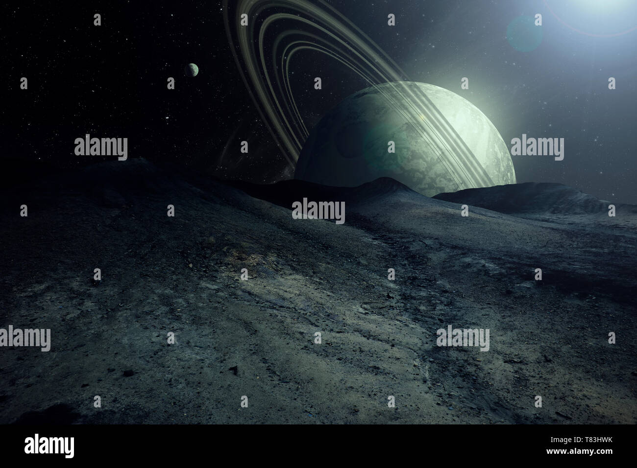 Pianeta alieno paesaggio con pianeti e satelliti nel cielo, esplorazione dello spazio surreale immagine Foto Stock