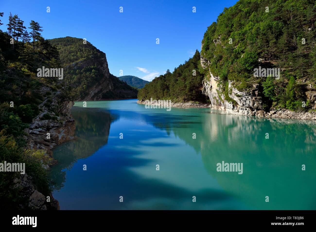 Francia, Alpes de Haute Provence, Parc Naturel Regional du Verdon, il Verdon sfocia nel lago di Castillon a sud di Saint Andre les Alpes Foto Stock