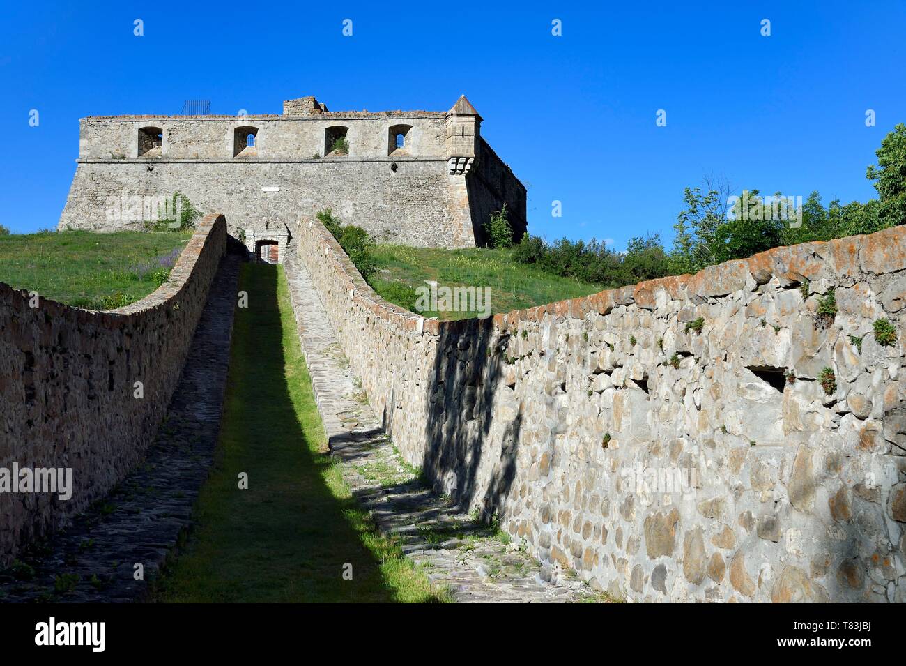 Francia, Alpes de Haute Provence, Parc national du Mercantour (Parco Nazionale del Mercantour) e Vallée du Haut Verdon, Colmars les Alpes fortificato da Vauban nel tardo XVII secolo, la piazza redoubt di Fort de France costruito a sud del villaggio Foto Stock