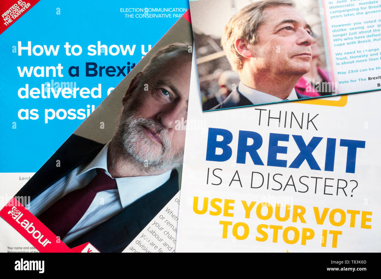 Una selezione di elezioni europee 2019 volantini dal lavoro, liberali democratici, conservatori e Brexit parti. Foto Stock