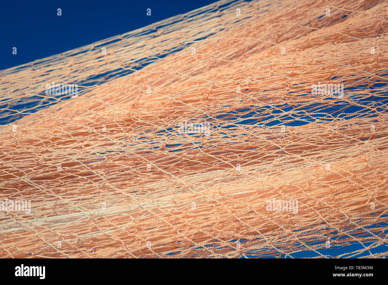 Tutina in rete di nylon texture sul cielo chiaro. Nautico sfondo marino. Macro closeup. Foto Stock
