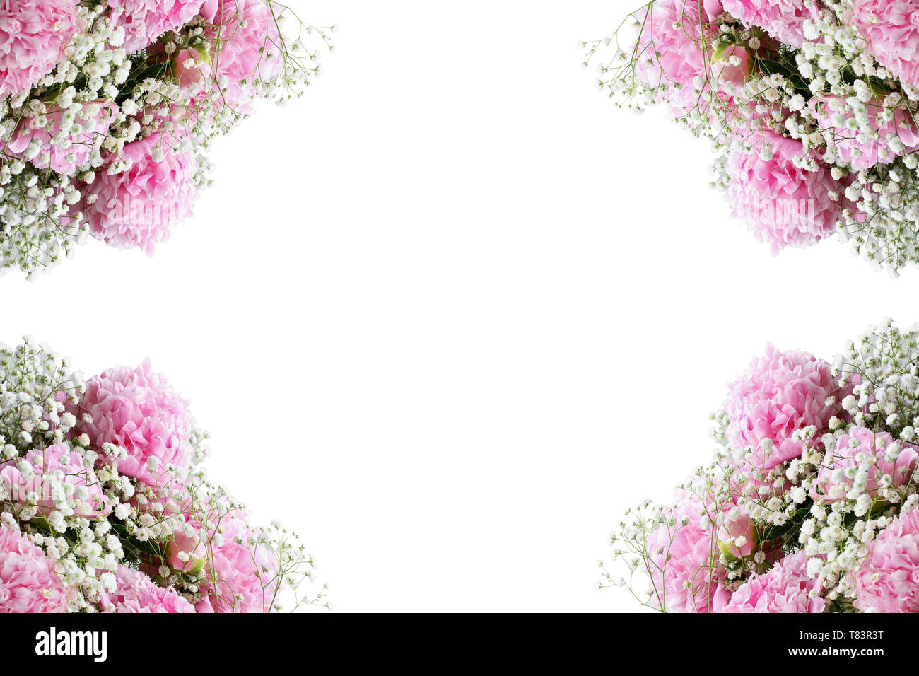 Composizione di fiori. Telaio della fioritura rosa mazzi di peonie e del bambino fiori di respiro su uno sfondo bianco con spazio libero per il tuo testo. Foto Stock