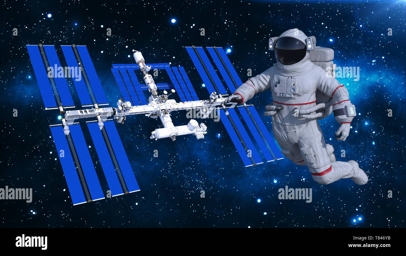Astronauta galleggiante sopra la stazione spaziale, cosmonauta nello spazio di un veicolo spaziale in background, rendering 3D Foto Stock