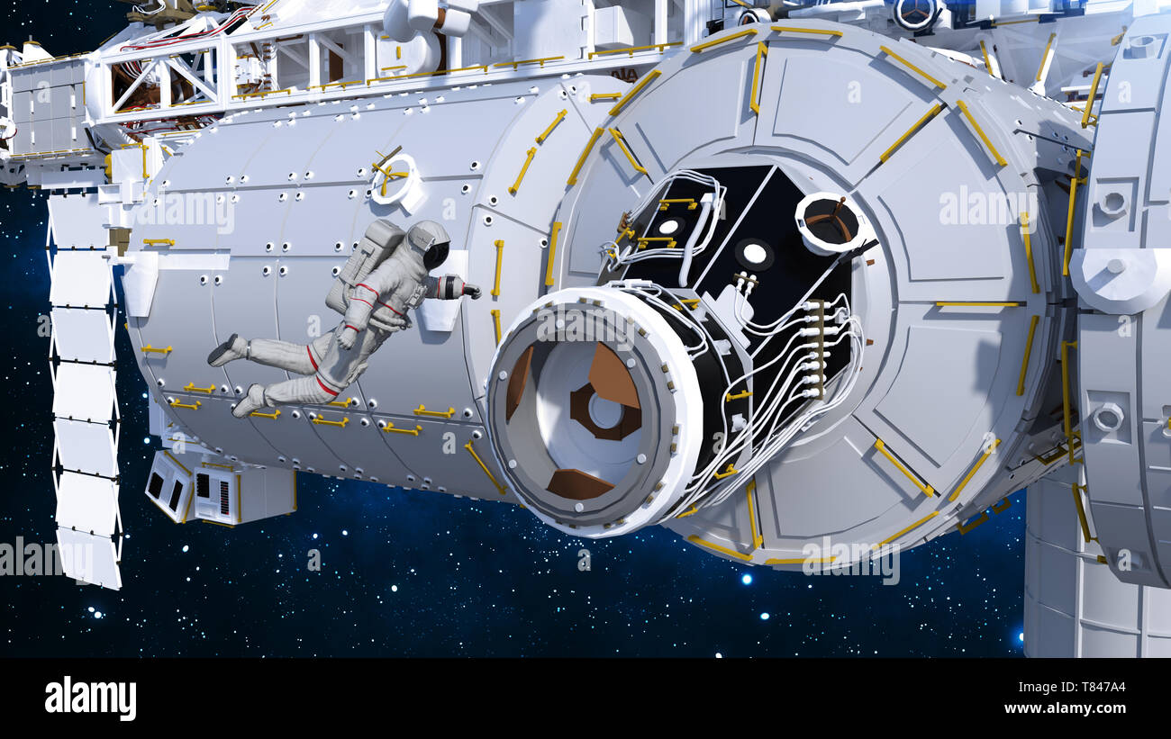 Astronauta entrando in stazione spaziale attraverso airlock, cosmonauta nello spazio accanto a un veicolo spaziale, rendering 3D Foto Stock