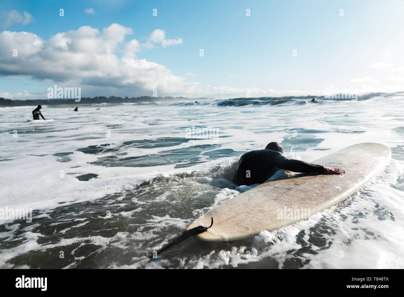 Giovane maschio del surfista con la tavola da surf in oceano pacifico, vista posteriore, Arcata, California, Stati Uniti Foto Stock