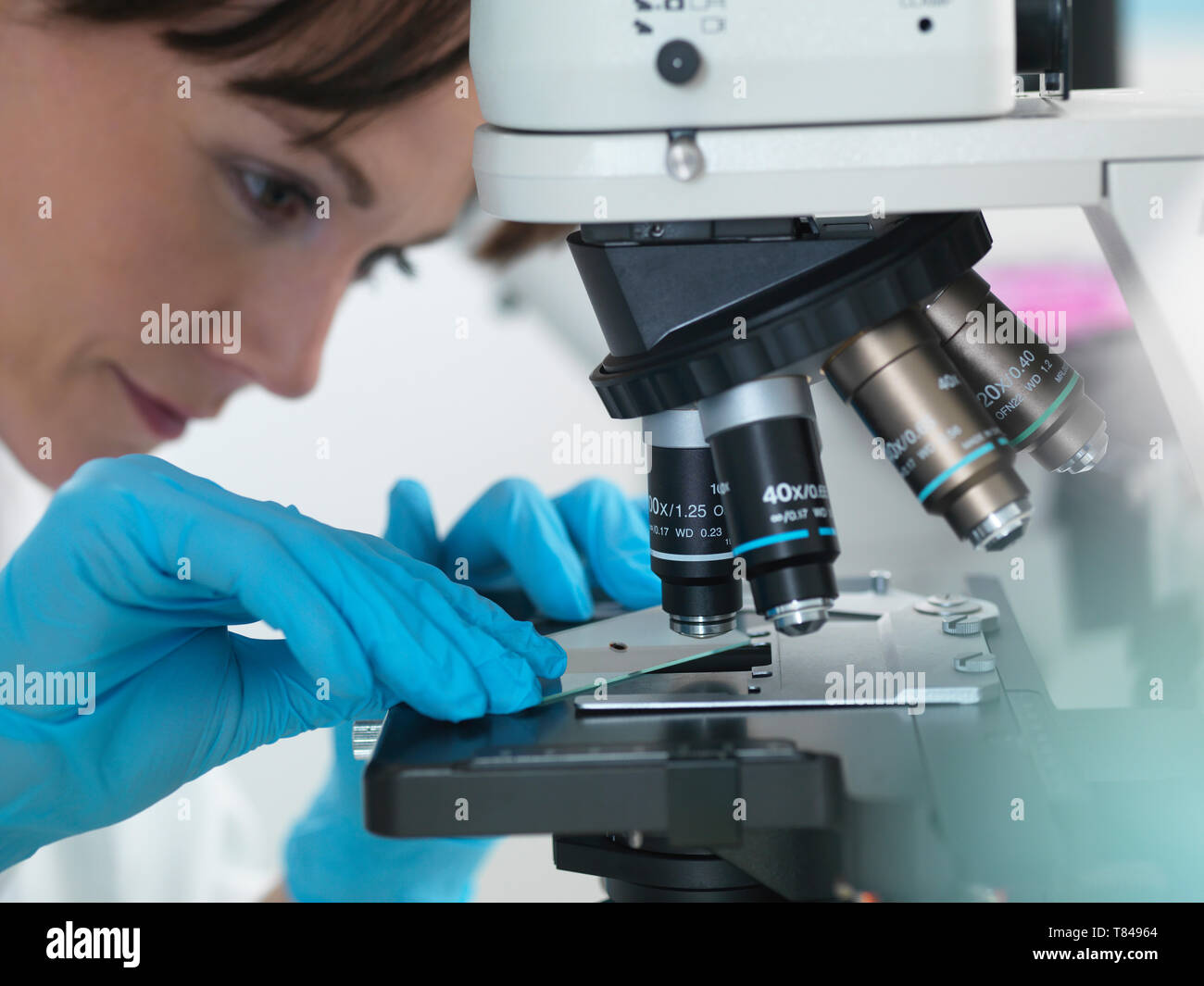 Test Medici di varietà di campioni umani inclusi sangue e del tessuto al microscopio in laboratorio Foto Stock